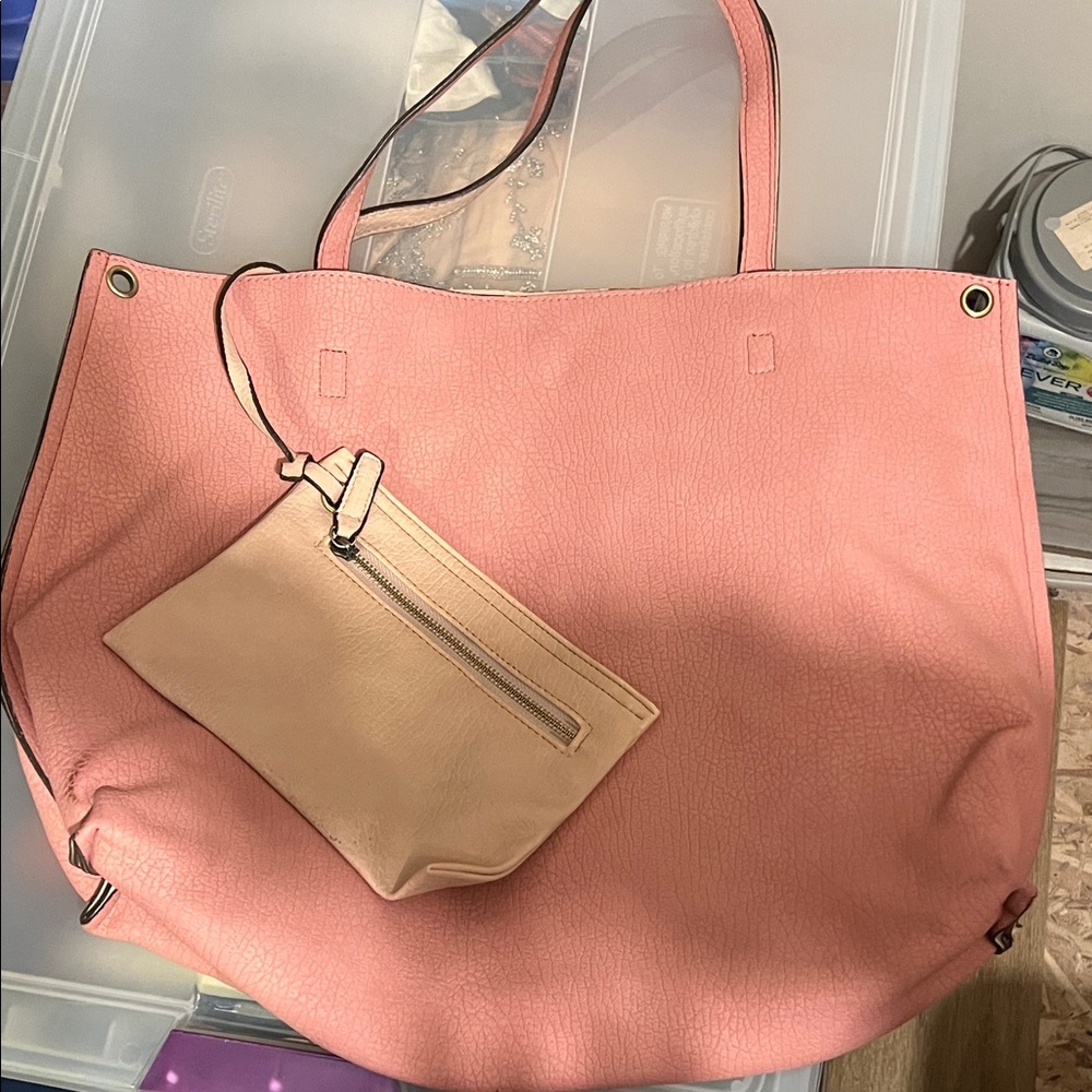 Women's Pink Tote Bag with Beige Pouch